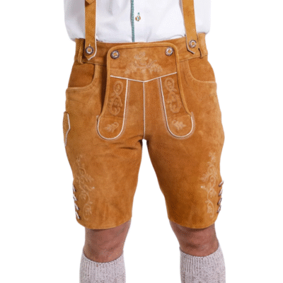 Front close-up of traditional golden tan Bavarian lederhosen featuring white embroidered flap and side designs.