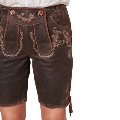 Side close-up of dark brown women's lederhosen featuring intricate tan embroidery and decorative front flap design.