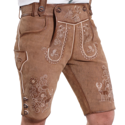 Side close-up of light brown lederhosen with white embroidery of deer and floral motifs.
