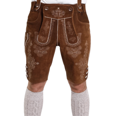 Front closeup of brown traditional lederhosen shorts with intricate cream embroidery, side pockets, and a flap with buttoned braces.