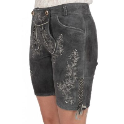 Angled side view of the shorts showcasing white embroidered floral patterns and braided lacing on the outer thigh.