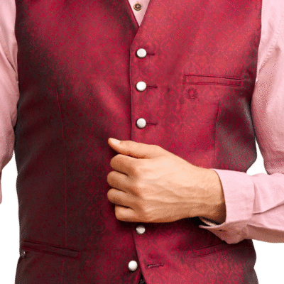 A detailed view of Benedikt Alpine Trachten Vest – Red Velvet
