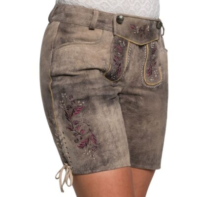 Side angled view of women's brown-gray lederhosen shorts with pink floral embroidery on the thigh and laced side slits, highlighting traditional Bavarian craftsmanship.
