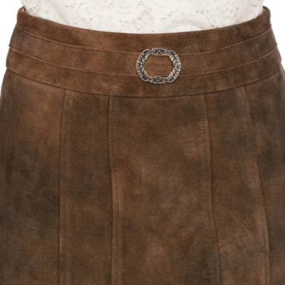 Close-up of waist belt buckle detail on brown suede skirt.