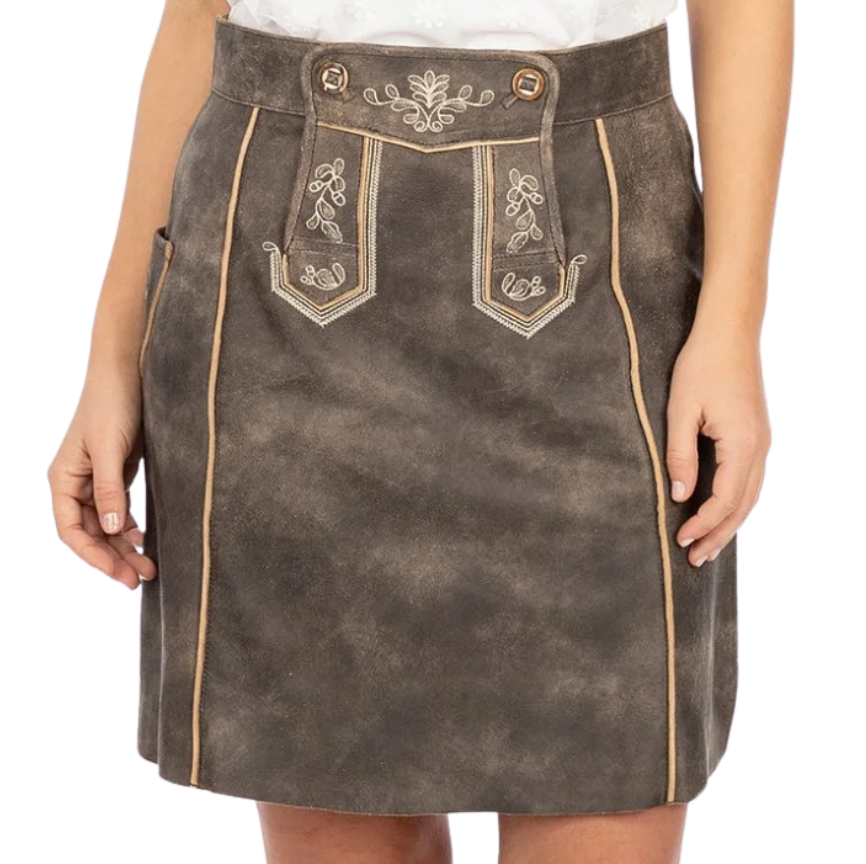 A traditional women's Bavarian leather skirt in distressed brown suede with beige piping and embroidered front flap design featuring floral motifs Isabelle Lederhosen Skirt