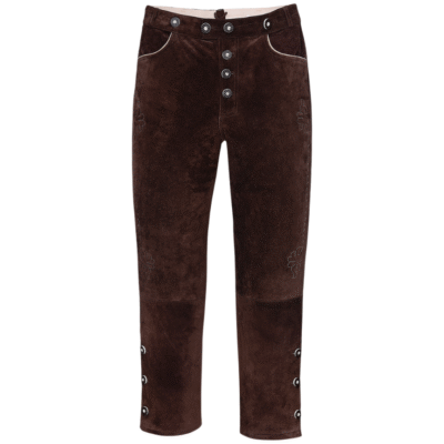 A head-on view of the lederhosen showcasing the full button fly, two front pockets with white piping, and symmetrical leg embroidery with buttoned cuffs.