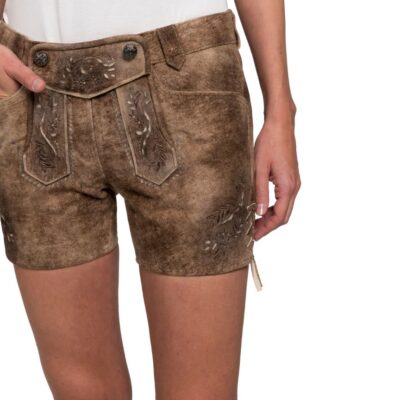 Floral embroidery in brown thread with lace-up detail.