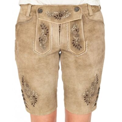 Front view of women’s light brown embroidered leather shorts with traditional flap closure, floral embroidery on both legs, and a rustic Oktoberfest-inspired design. Rosental Beige Lederhosen
