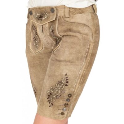 Side view of women’s light brown Bavarian leather shorts, showcasing intricate embroidery on the thigh and a mix of decorative buttons.