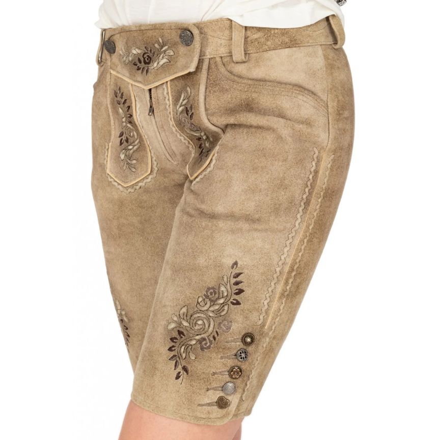 Side view of women’s light brown Bavarian leather shorts, showcasing intricate embroidery on the thigh and a mix of decorative buttons.