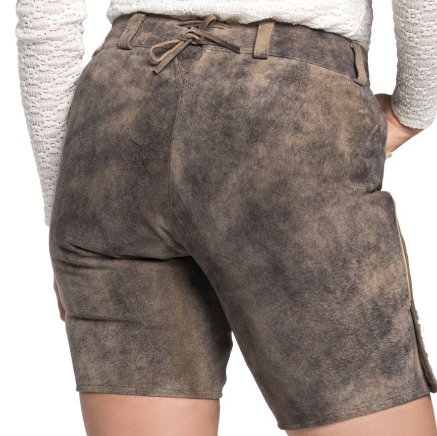 Back view of ash brown women's Lederhosen shorts with tie at the waistband