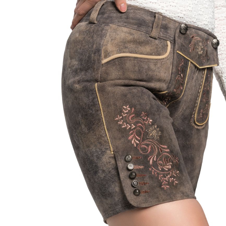 Side angle of ash brown women's Lederhosen showing intricate embroidery on the leg and side pocket