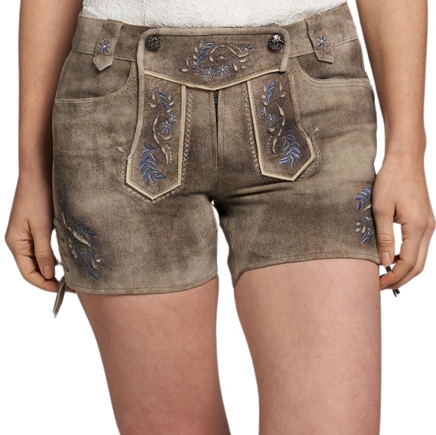 Front view of women’s traditional taupe lederhosen shorts, detailed with floral and vine embroidery in blue, white piping along the flap, and decorative horn buttons.