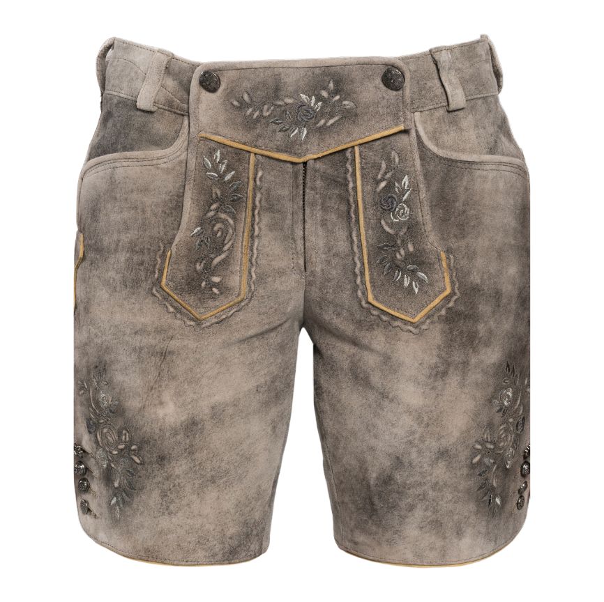 Front view of grey women's Lederhosen shorts – Traditional stone-grey suede Lederhosen shorts with ornate embroidery and contrast piping on the bib and legs.