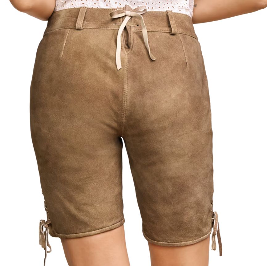 Back view of women's tan leather lederhosen shorts featuring a simple suede design with a decorative bow tie at the waistband.
