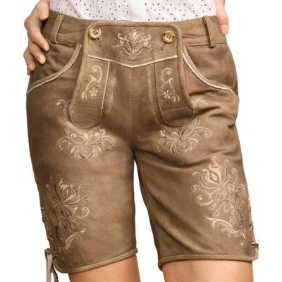 Close-up of the front of tan women's lederhosen shorts showcasing intricate traditional embroidery and side lace details.