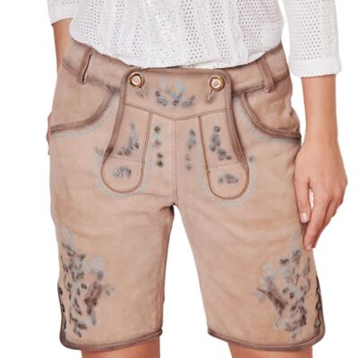 Frontal shot of beige leather lederhosen adorned with blue floral embroidery and traditional bib-style flap.