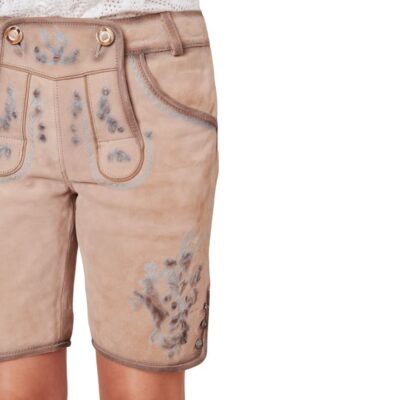 Side profile of the lederhosen, showing blue embroidery patterns and traditional stitching.