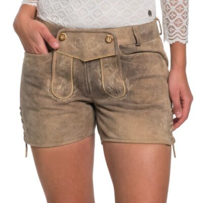 Front view of women’s beige embroidered lederhosen shorts, featuring a buttoned flap with floral stitching, belt loops, and a gently worn leather finish.