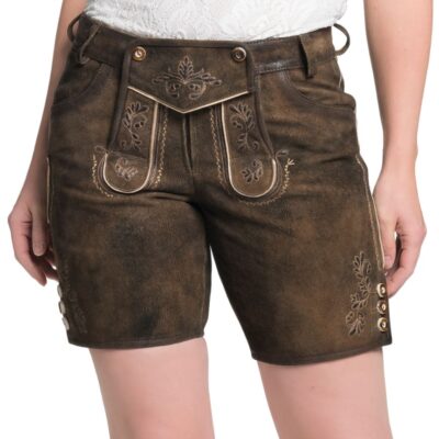 Front view of dark brown women's leather lederhosen shorts with beige embroidery on the front flap and thighs, traditional Bavarian buttoned design, and contrasting piping.