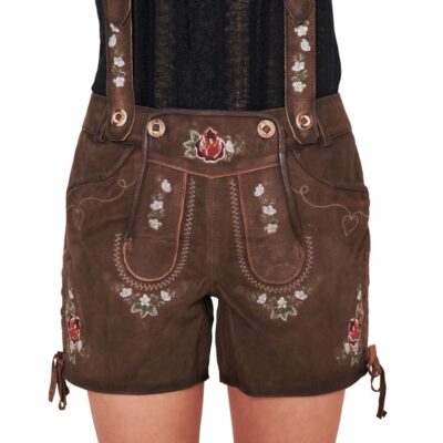Traditional women's brown leather lederhosen with floral embroidery and matching suspenders, viewed from the front.