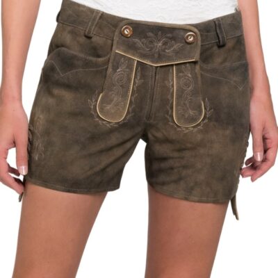 Front view of women's brown suede lederhosen shorts, showcasing traditional embroidery, buttoned front flap, and side pocket detailing.