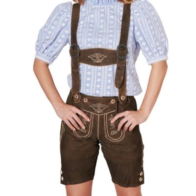Full frontal image with the suspenders visible, showcasing a classic Oktoberfest-ready ensemble. Heidi Brown Lederhosen