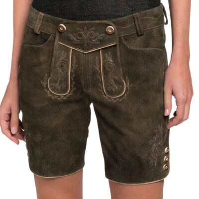 Front view of women’s dark olive green lederhosen shorts with beige embroidery on the flap and thighs, dual horn buttons, and subtle piping accents.