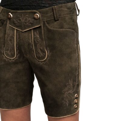 Side view of dark olive women’s lederhosen shorts featuring beige embroidery along the thigh, a traditional front flap, and decorative horn-style buttons.
