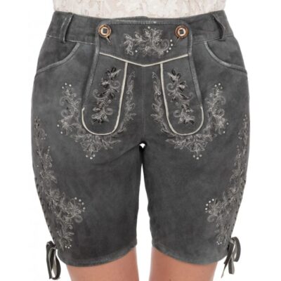 Front-facing image of women’s gray leather lederhosen with ornate white embroidery, traditional drop-front flap secured with buttons, and side floral motifs.