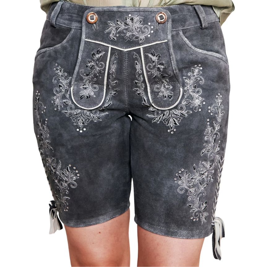 Close-up of the front of grey Bavarian lederhosen shorts for women, highlighting the floral embroidery and buttoned flap detail.