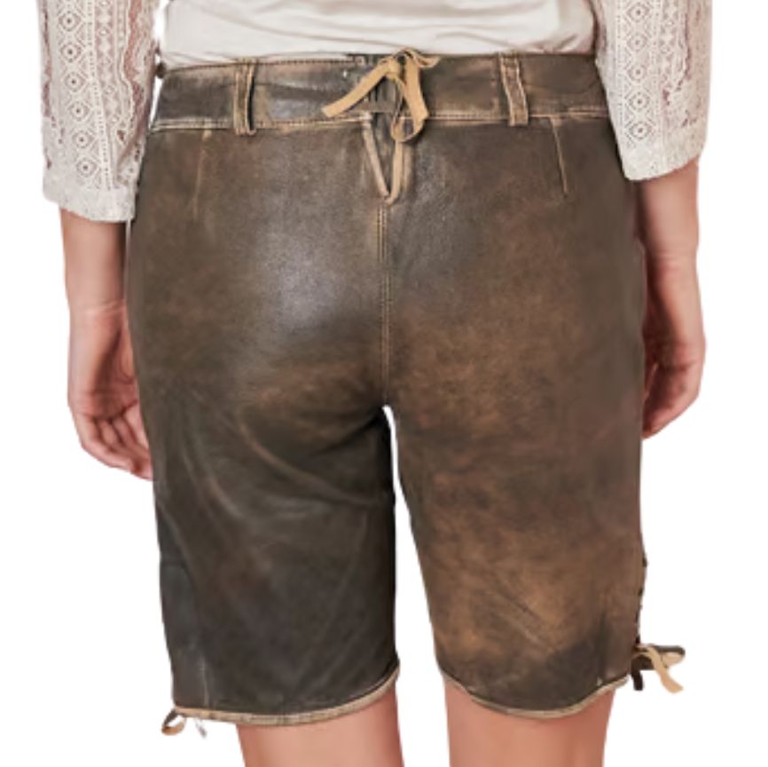 Back view of brown women's Lederhosen shorts with simple suede texture and tie at the waistband
