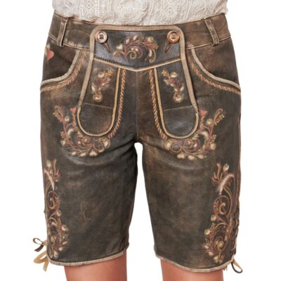 Front view of brown embroidered women's Lederhosen with ornate detailing on the bib and legs, decorative buttons, and traditional Bavarian styling.