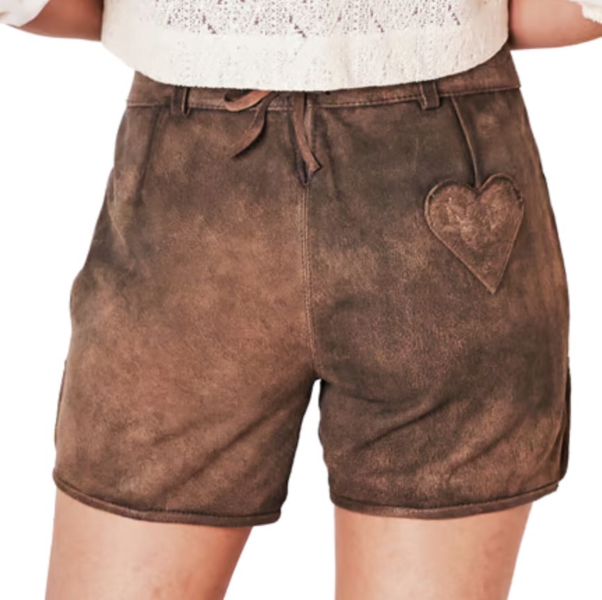 Back view of women's brown suede lederhosen shorts featuring a decorative heart patch on the right side.