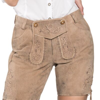 Front view of tan AlpenBloom Suede Shorts