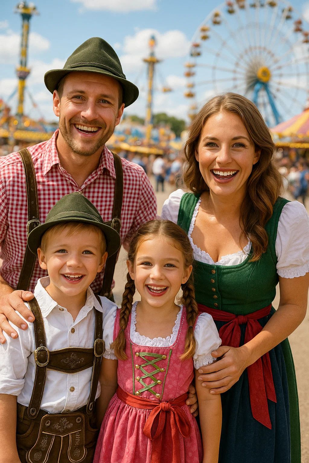 Smiling family at Oktoberfest wearing traditional German clothing — father and son in lederhosen, mother and daughter in dirndl dresses, with a ferris wheel in the background.