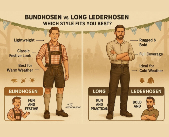 "Bundhosen vs Long Lederhosen comparison infographic showing key differences in style, weather suitability, and personality fit for Oktoberfest."
