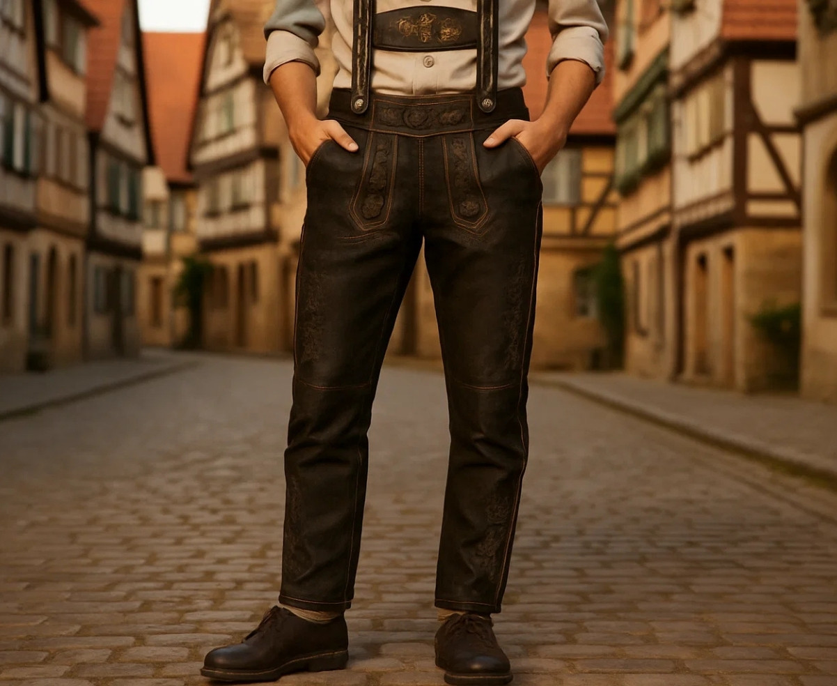 "Full-length Long Lederhosen with detailed embroidery worn in a traditional German village setting, styled with classic Bavarian suspenders."