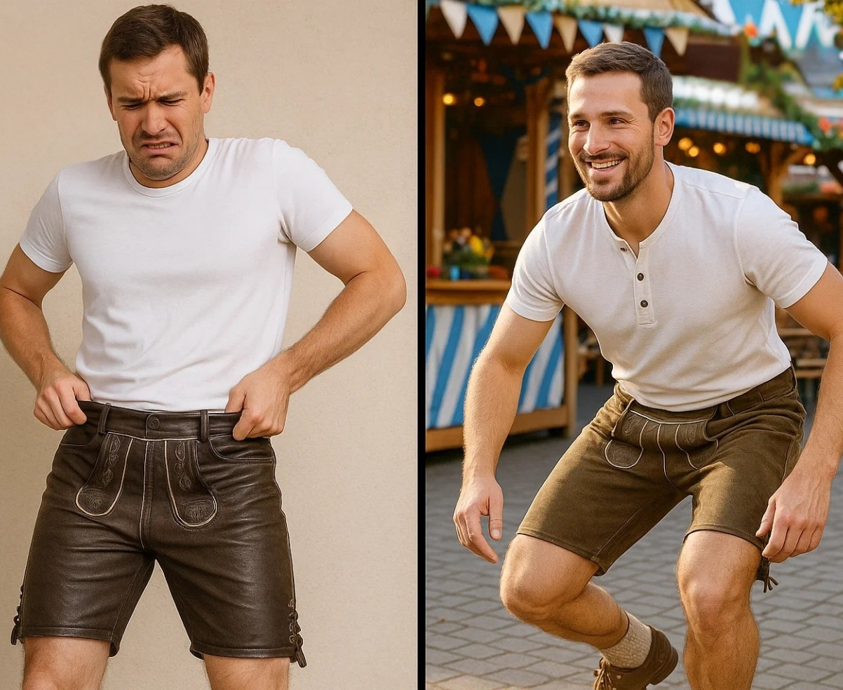 Man struggling with tight lederhosen versus man comfortably moving in properly fitted lederhosen, Lederhosen Mistakes to Avoid