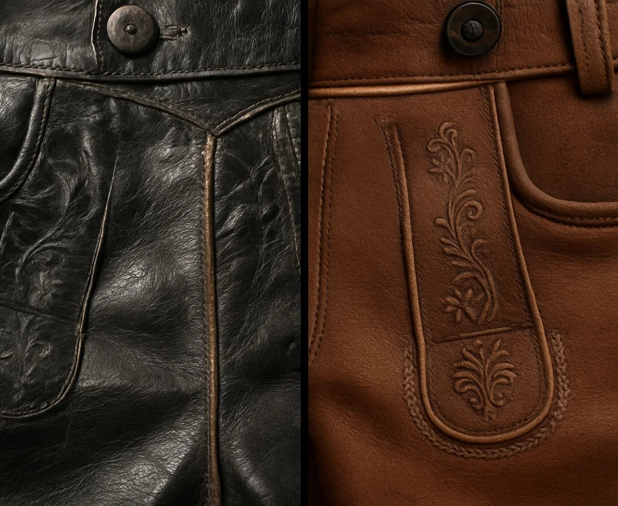 Close-up comparison of cheap black leather and rich brown quality leather used in lederhosen