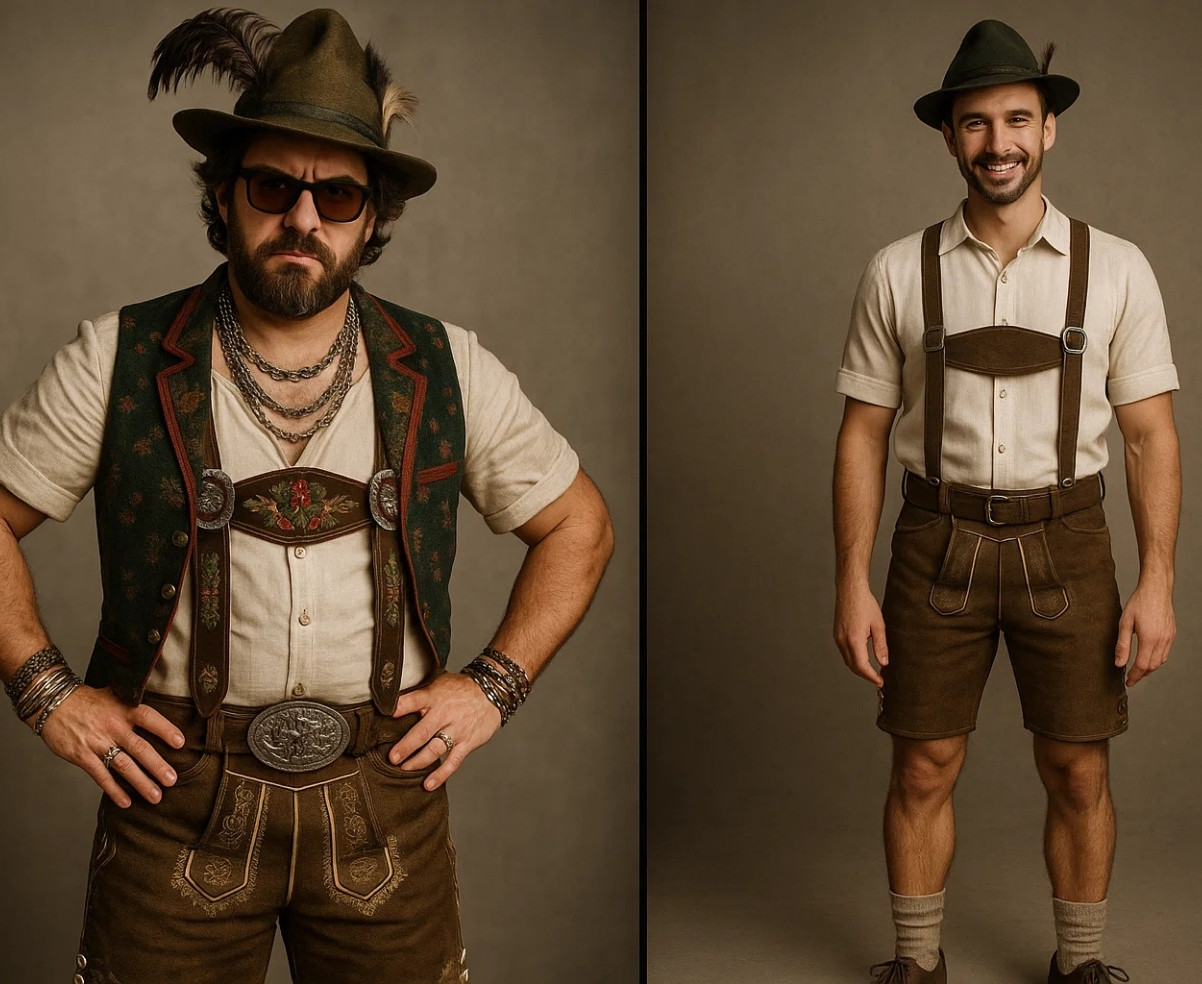 Side-by-side of a man over-accessorizing lederhosen with chains and feathers versus clean, simple traditional look