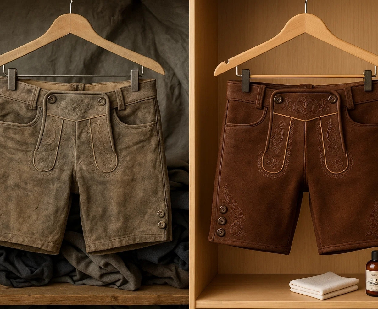 Two pairs of lederhosen on hangers showing poorly cared vs well-maintained leather pants