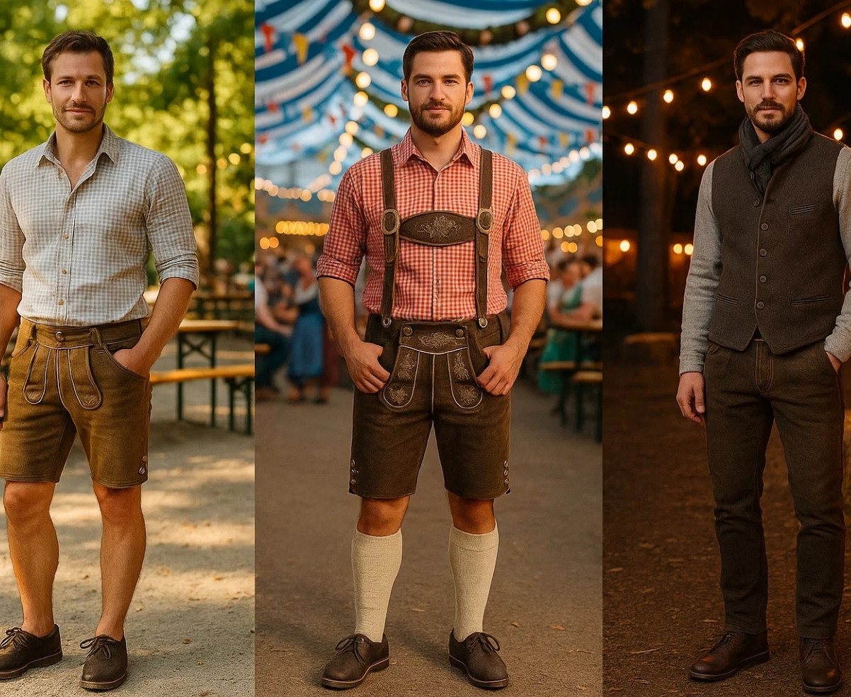 Three men wearing Bavarian outfits: casual shirt with lederhosen, Oktoberfest style with suspenders, and a formal look with long trousers and waistcoat