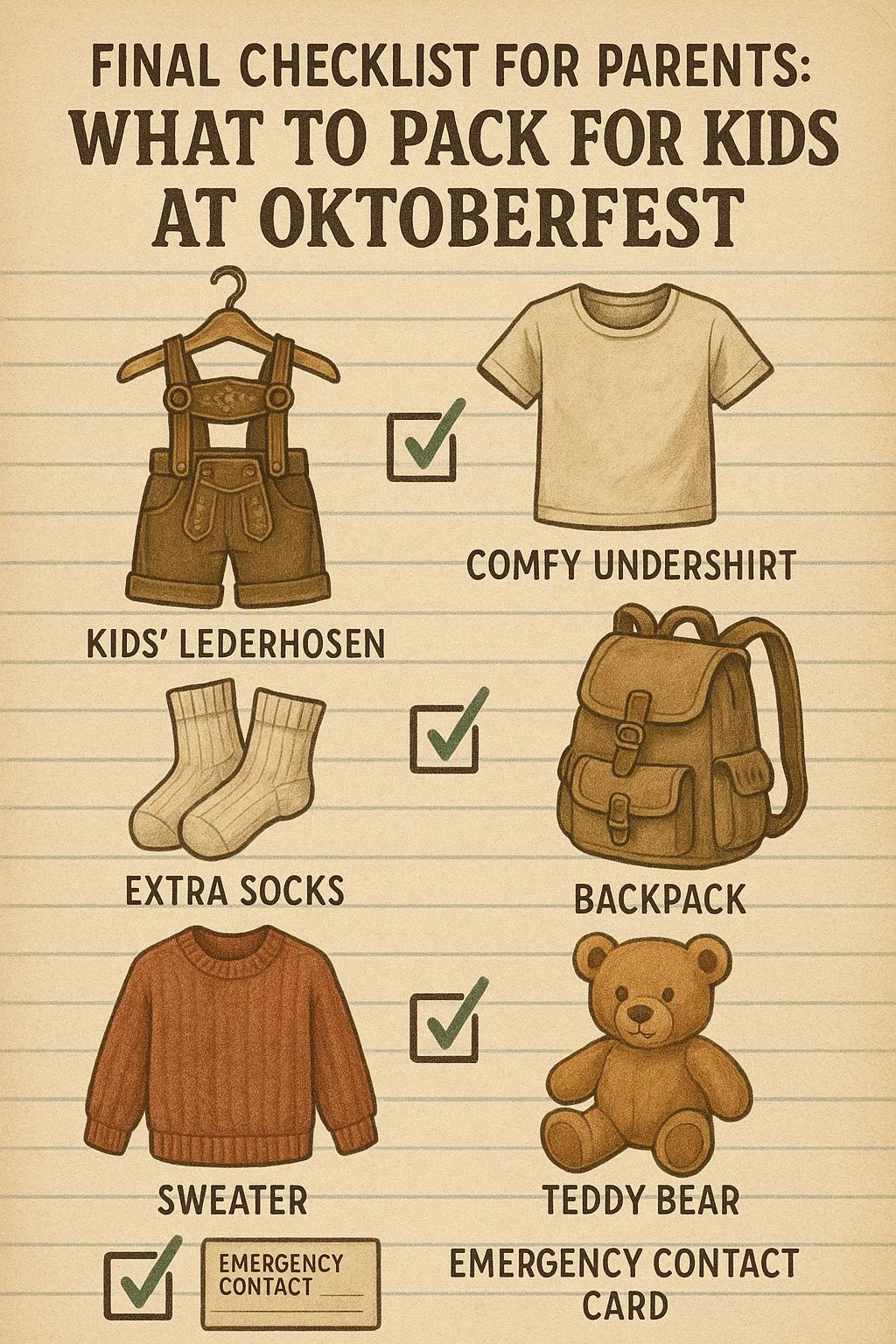 Illustrated checklist for parents showing what to pack for kids at Oktoberfest, including lederhosen, socks, sweater, teddy bear, and more.