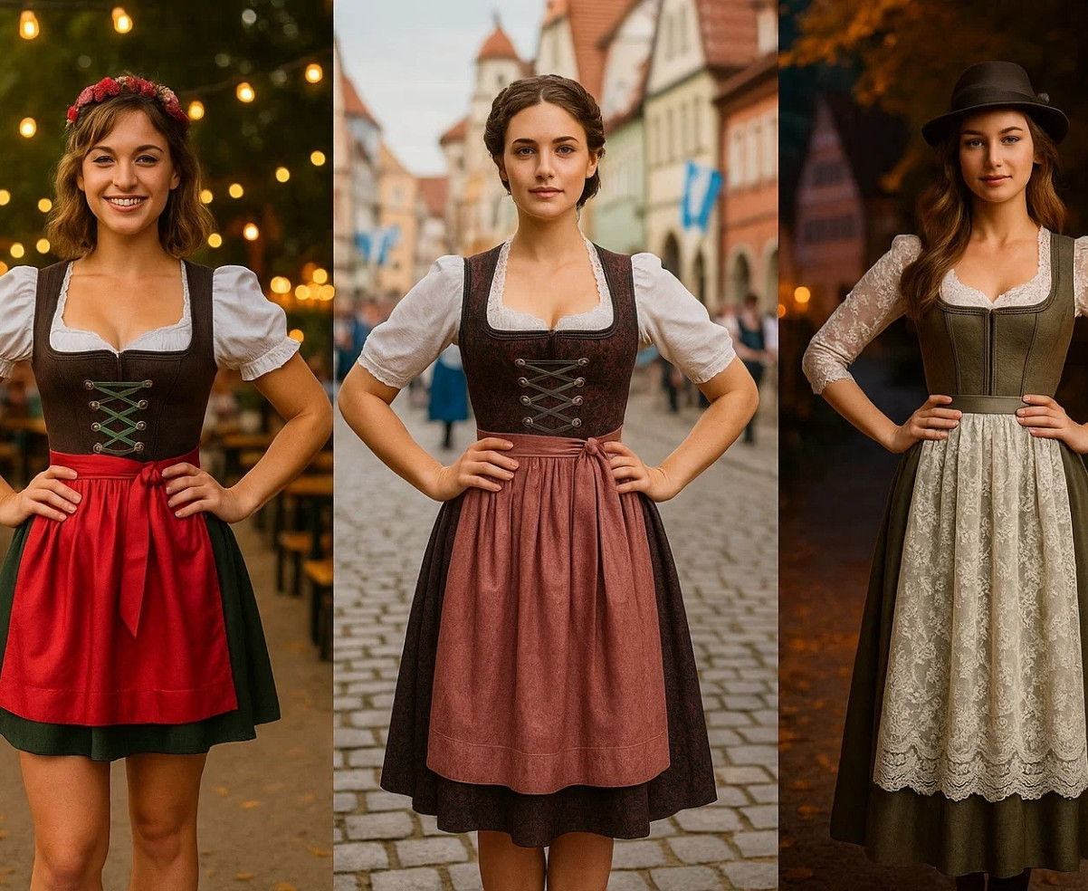Three women wearing different styles of dirndl dresses: short dirndl with flower crown, classic midi dirndl, and elegant long dirndl with lace apron