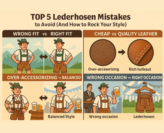 Illustrated guide showing top 5 lederhosen mistakes including fit, leather quality, over-accessorizing, wrong occasion, and care tips
