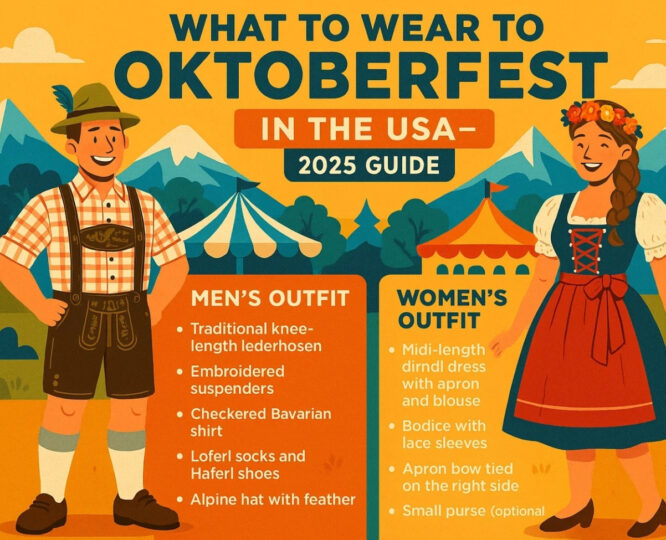 Illustrated outfit guide for Oktoberfest in the USA with clothing tips for men and women including lederhosen, dirndls, and accessories
