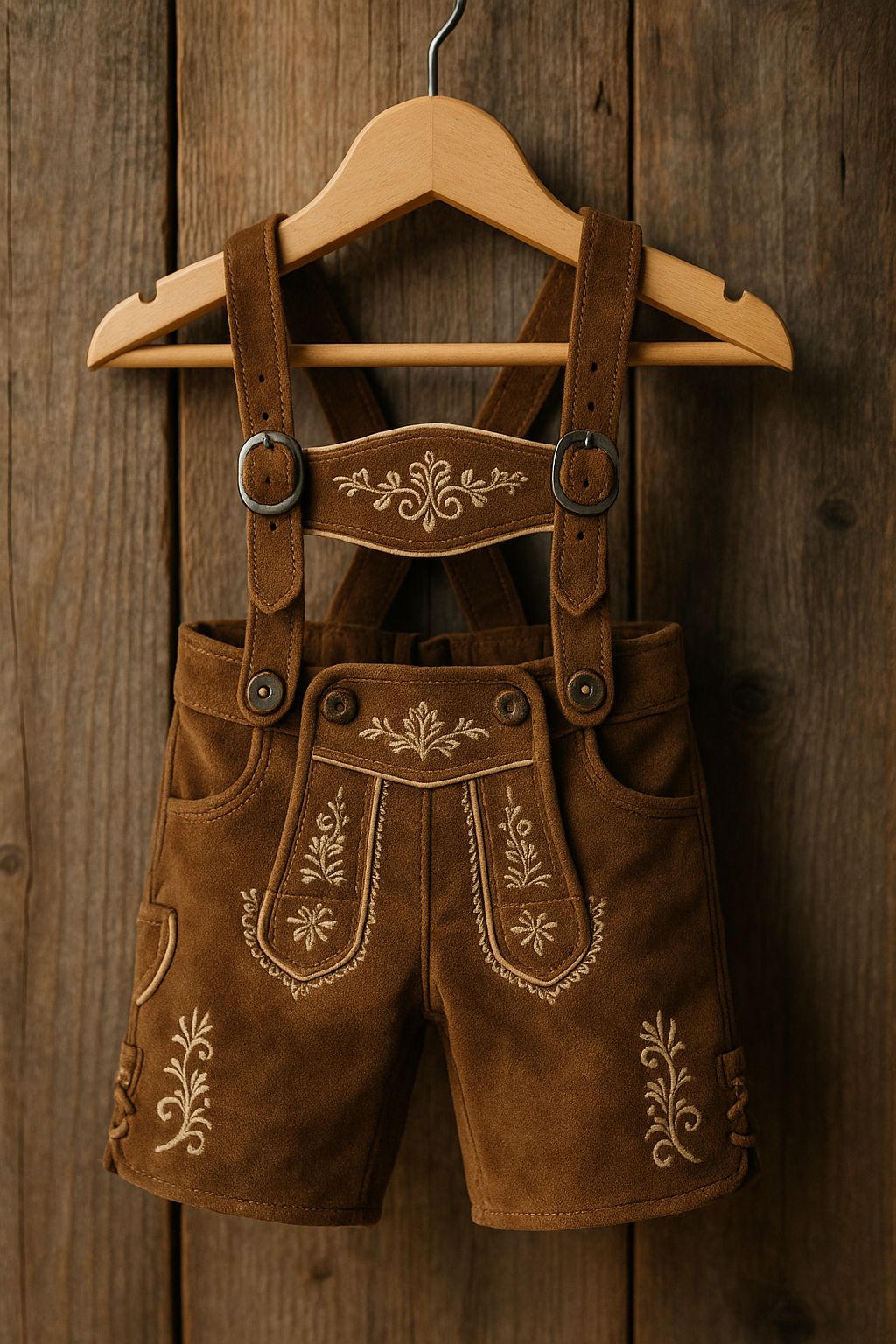 Brown suede kids' lederhosen with traditional embroidery hanging on a wooden hanger against rustic wooden background.