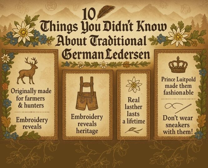 Illustrated infographic titled ‘10 Things You Didn’t Know About Traditional German Lederhosen’ with vintage icons and alpine design.