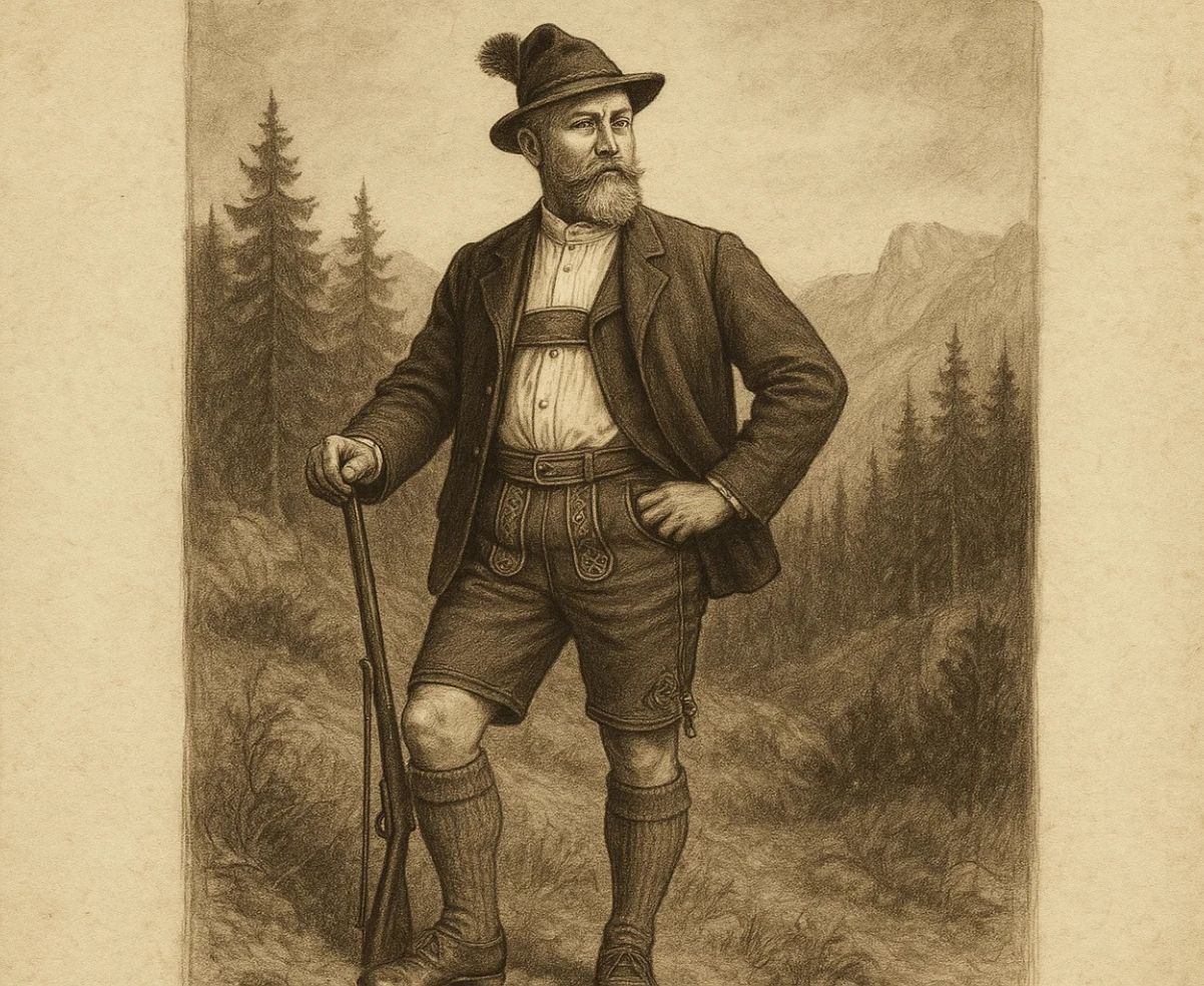 Vintage-style illustration of Prince Luitpold of Bavaria standing in lederhosen and alpine hat with a rifle in hand.